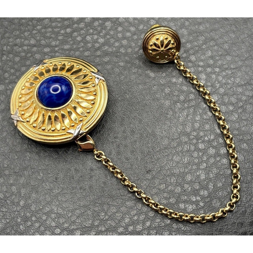 Vintage Burberrys Faux Lapis Blue Cabochon Chatelaine Style Chain Brooch Pin